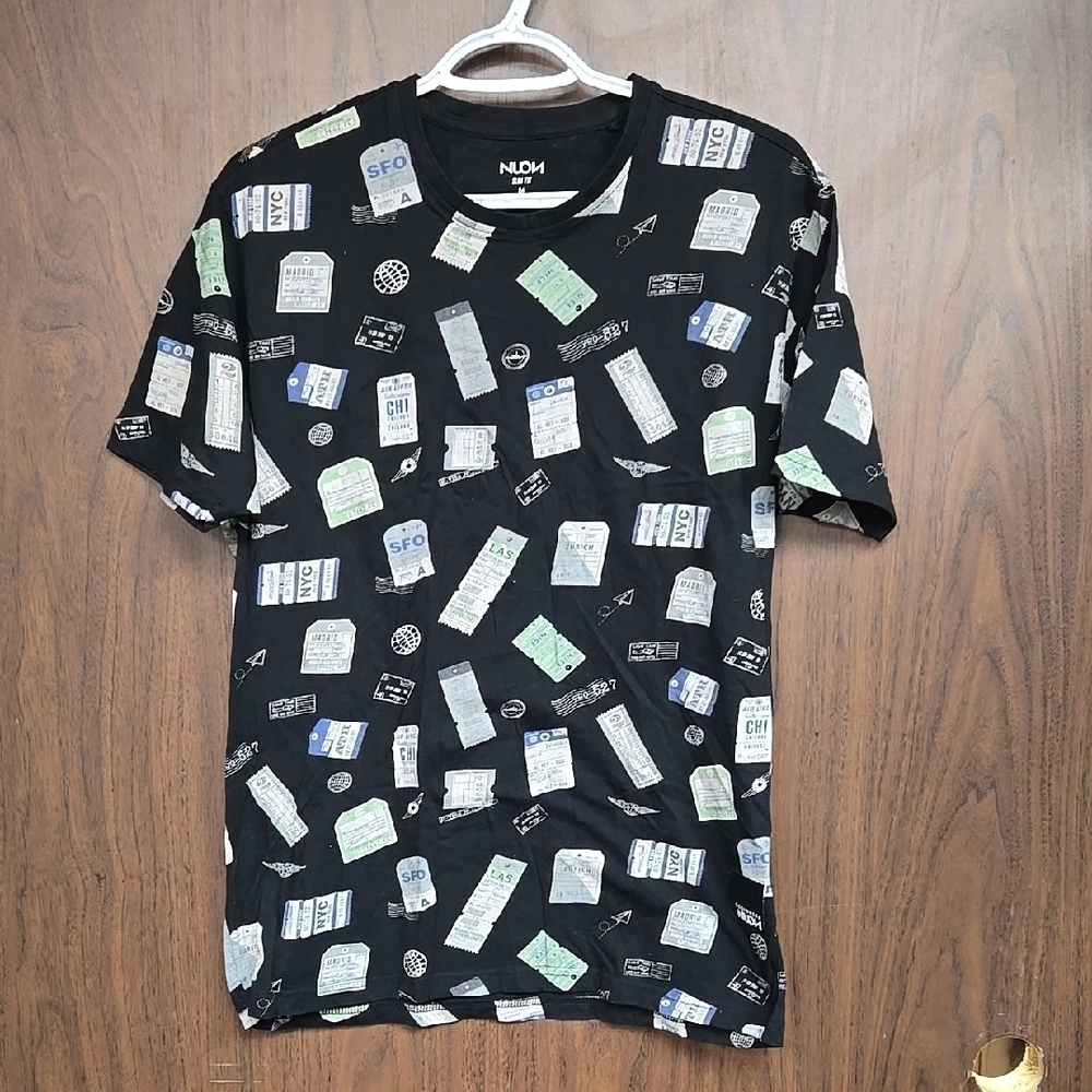 Nuon Size M Black Slim Fit Travel Themed Crew Neck T-Shirt